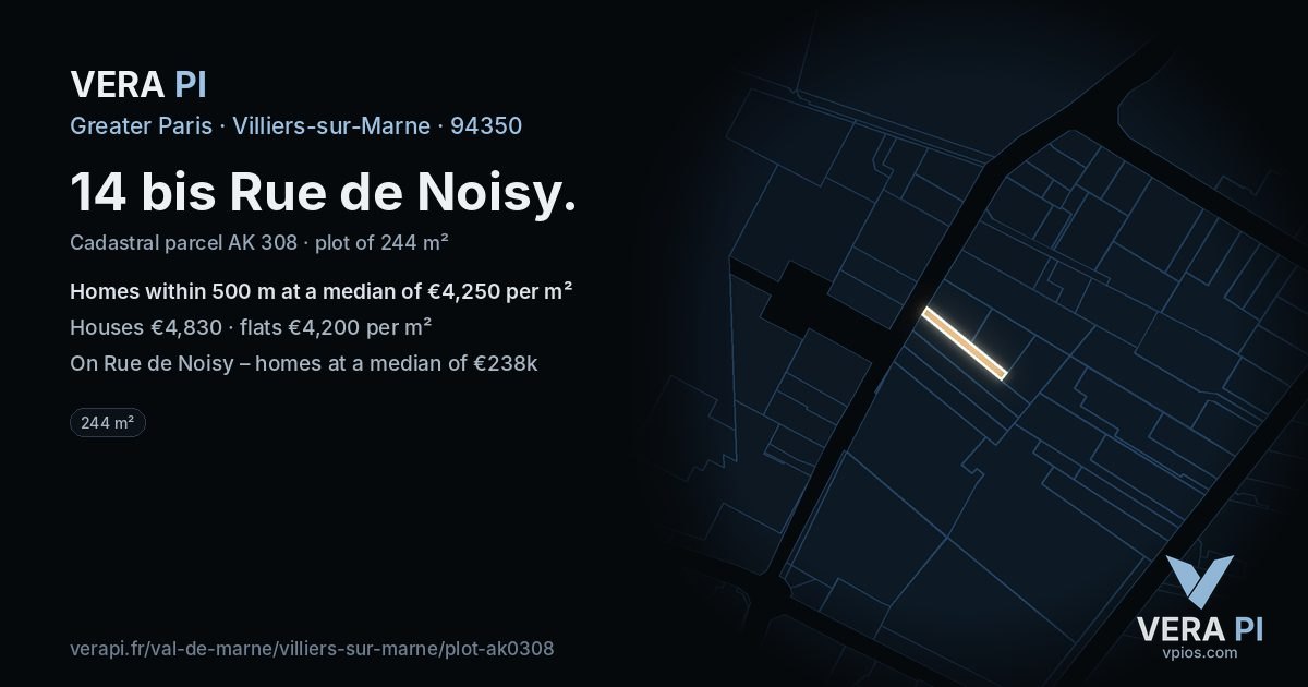 14 bis Rue de Noisy, Villiers-sur-Marne at night – the plot lit, the parcels around coloured by the prices near them