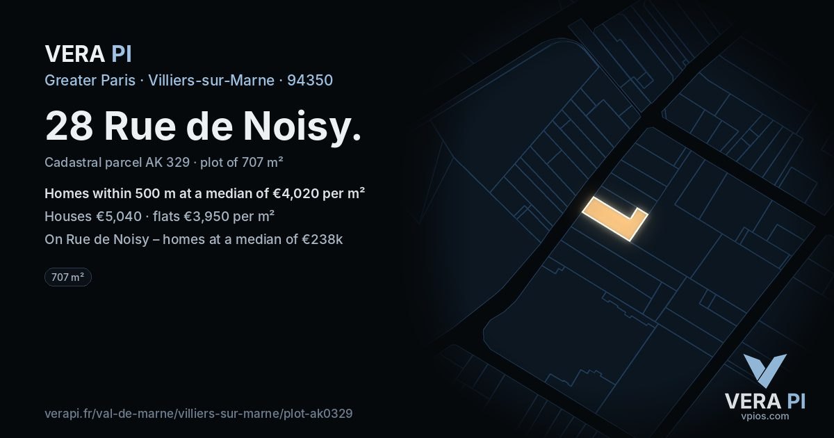 28 Rue de Noisy, Villiers-sur-Marne at night – the plot lit, the parcels around coloured by the prices near them