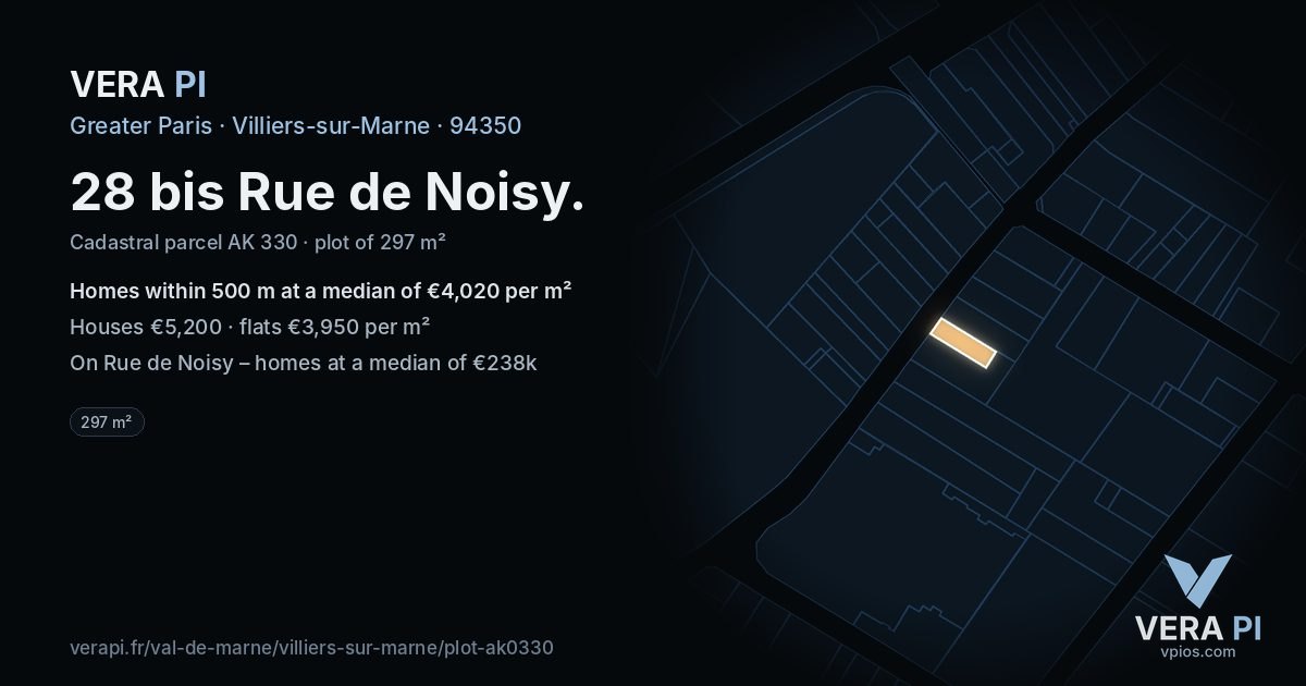 28 bis Rue de Noisy, Villiers-sur-Marne at night – the plot lit, the parcels around coloured by the prices near them