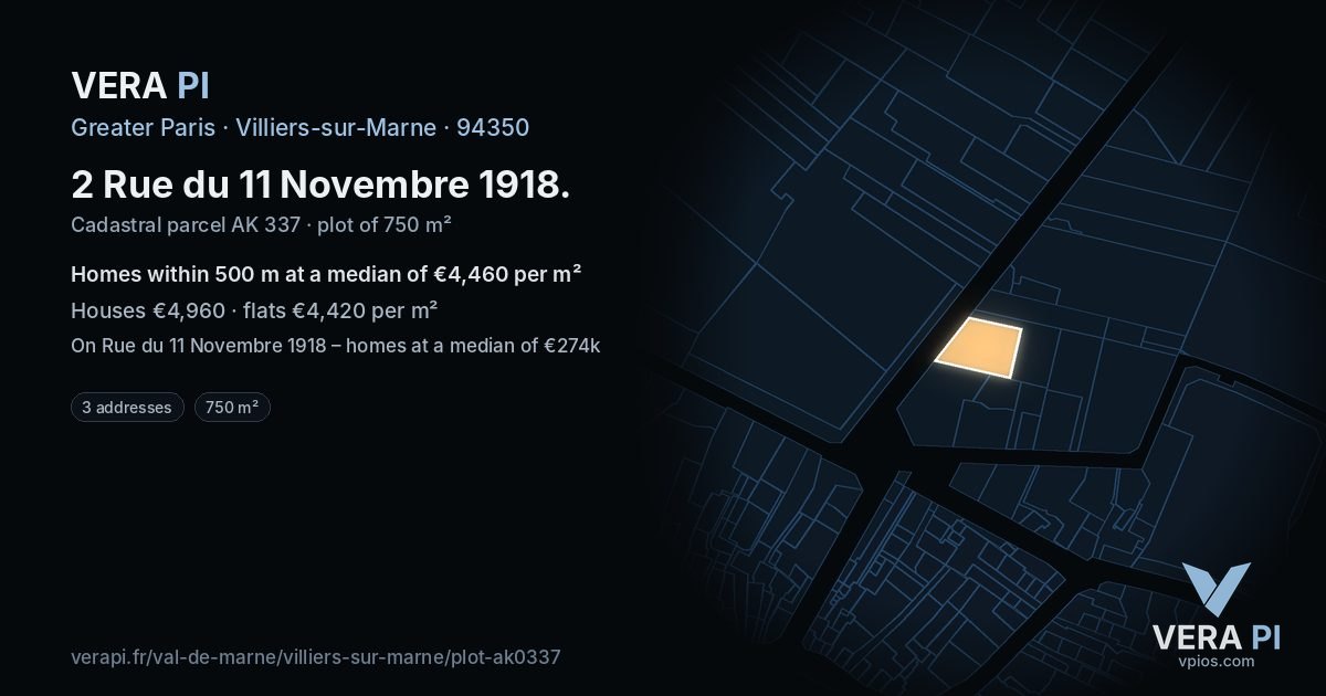 2 Rue du 11 Novembre 1918, Villiers-sur-Marne at night – the plot lit, the parcels around coloured by the prices near them