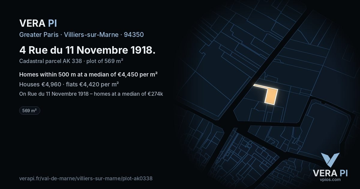 4 Rue du 11 Novembre 1918, Villiers-sur-Marne at night – the plot lit, the parcels around coloured by the prices near them