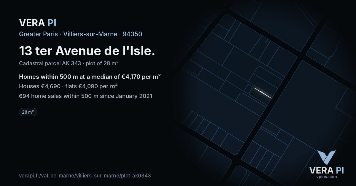 13 ter Avenue de l'Isle, Villiers-sur-Marne at night – the plot lit, the parcels around coloured by the prices near them