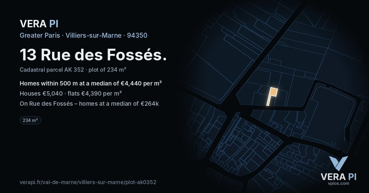 13 Rue des Fossés, Villiers-sur-Marne at night – the plot lit, the parcels around coloured by the prices near them