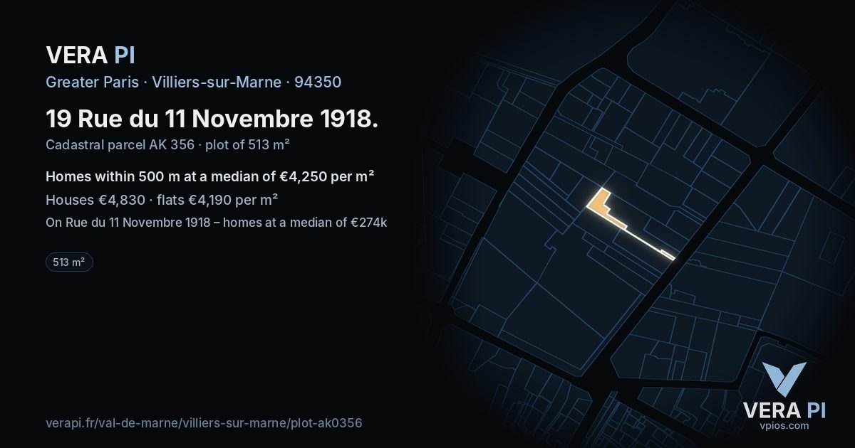 19 Rue du 11 Novembre 1918, Villiers-sur-Marne at night – the plot lit, the parcels around coloured by the prices near them