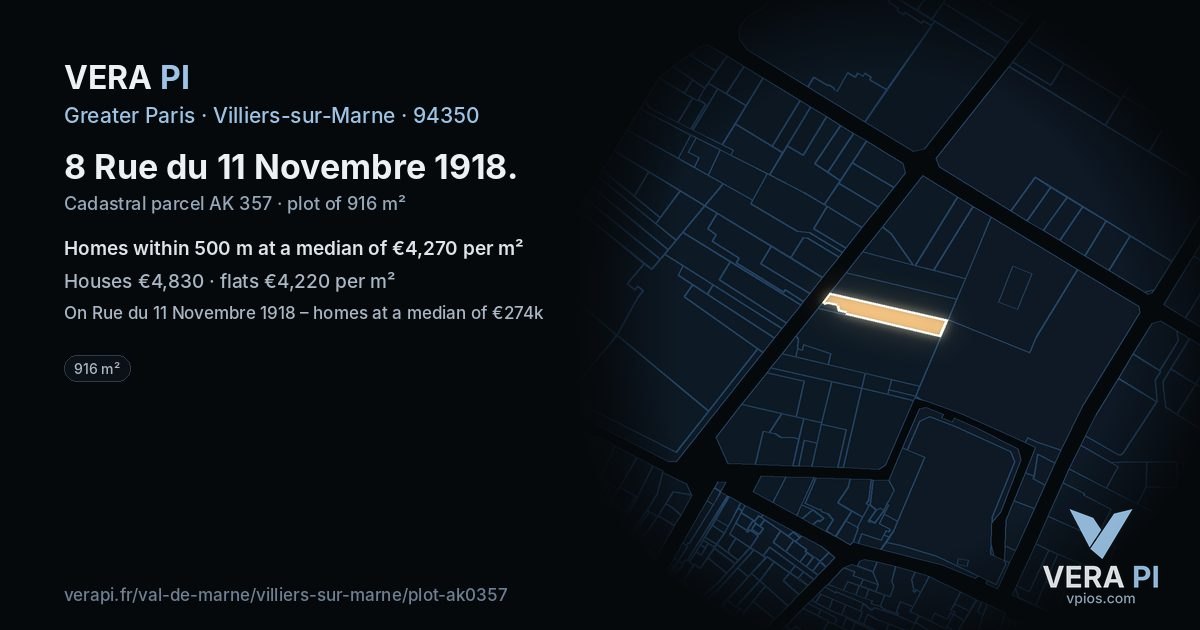8 Rue du 11 Novembre 1918, Villiers-sur-Marne at night – the plot lit, the parcels around coloured by the prices near them