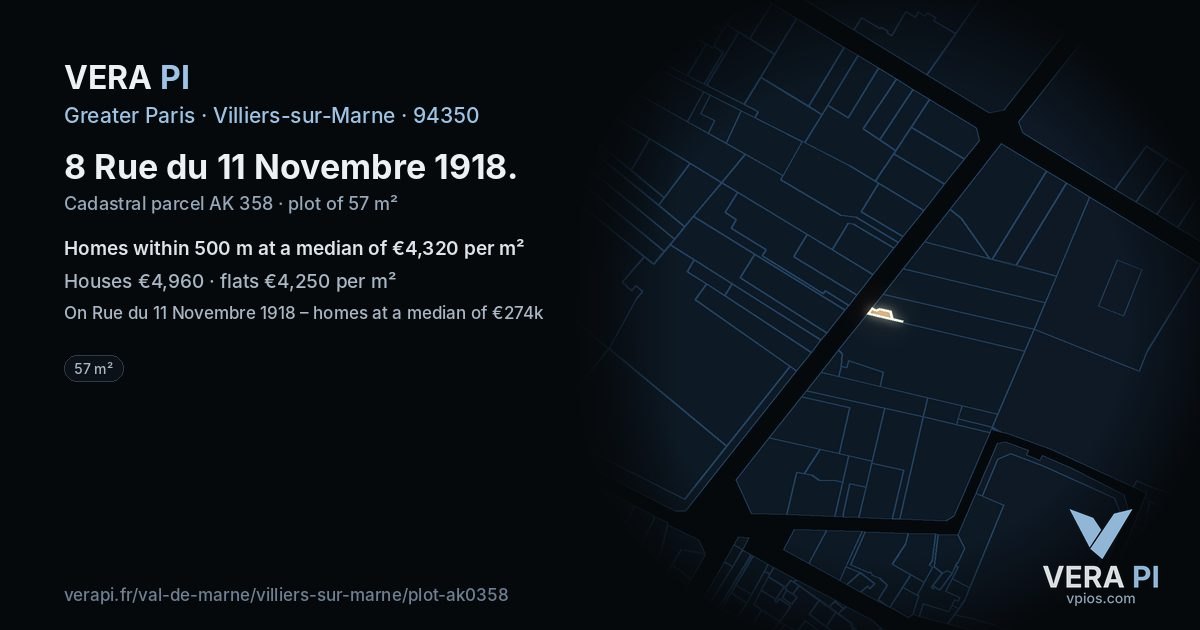 8 Rue du 11 Novembre 1918, Villiers-sur-Marne at night – the plot lit, the parcels around coloured by the prices near them