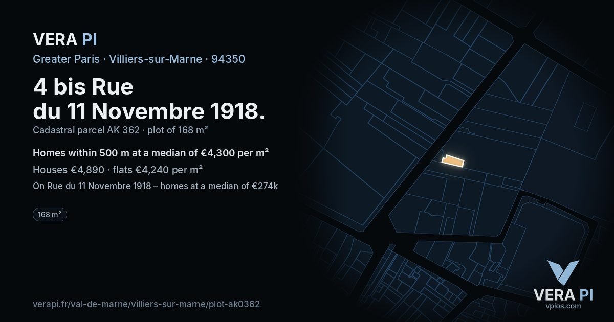 4 bis Rue du 11 Novembre 1918, Villiers-sur-Marne at night – the plot lit, the parcels around coloured by the prices near them
