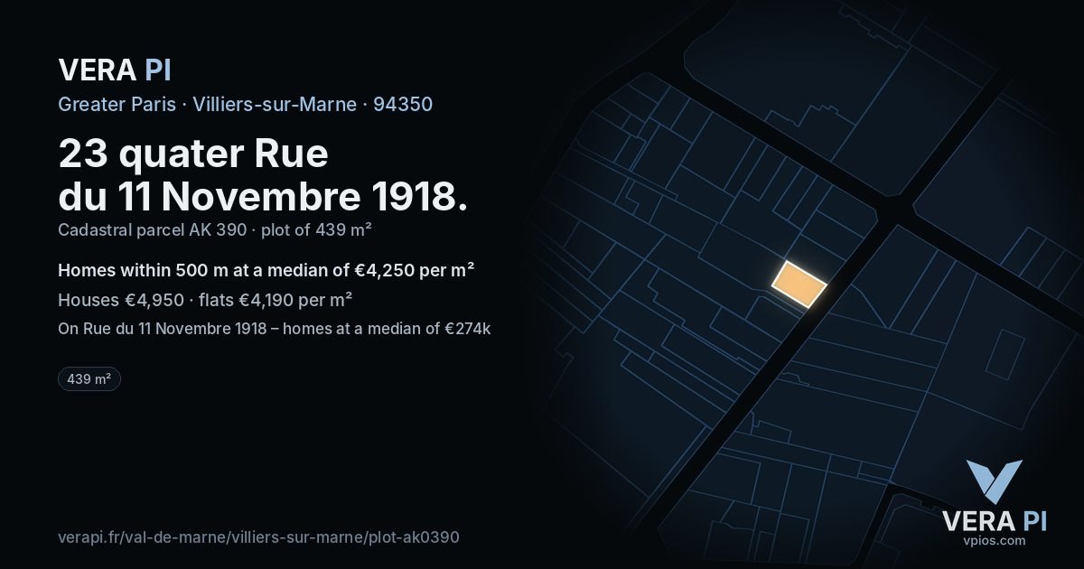 23 quater Rue du 11 Novembre 1918, Villiers-sur-Marne at night – the plot lit, the parcels around coloured by the prices near them