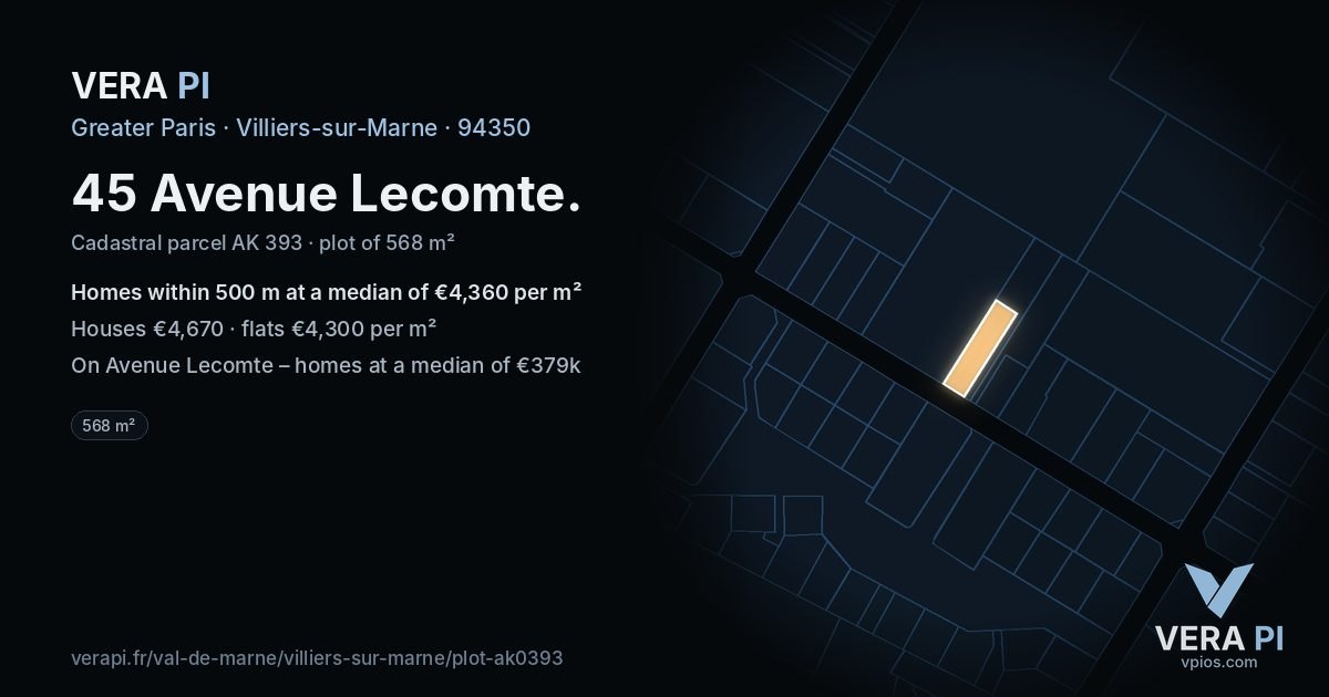 45 Avenue Lecomte, Villiers-sur-Marne at night – the plot lit, the parcels around coloured by the prices near them