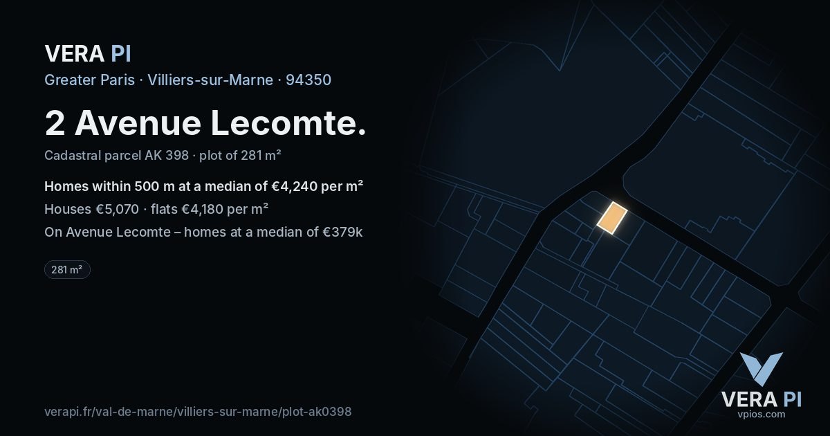 2 Avenue Lecomte, Villiers-sur-Marne at night – the plot lit, the parcels around coloured by the prices near them