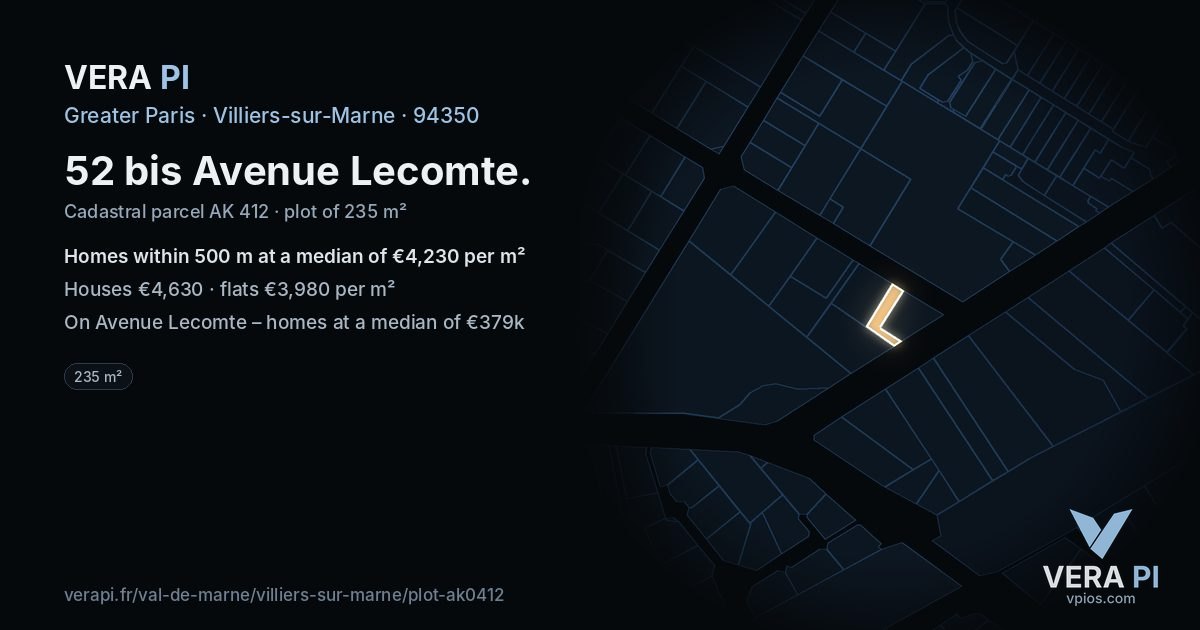 52 bis Avenue Lecomte, Villiers-sur-Marne at night – the plot lit, the parcels around coloured by the prices near them