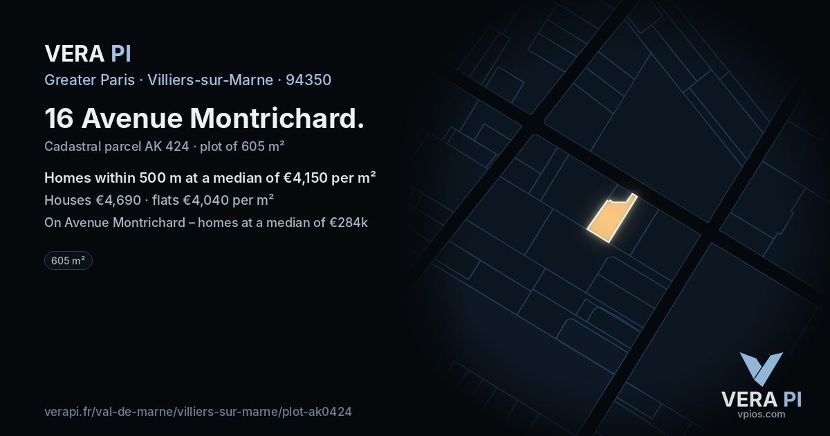 16 Avenue Montrichard, Villiers-sur-Marne at night – the plot lit, the parcels around coloured by the prices near them