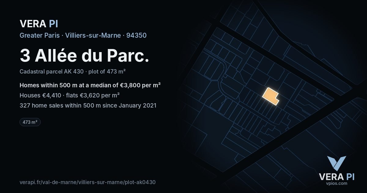 3 Allée du Parc, Villiers-sur-Marne at night – the plot lit, the parcels around coloured by the prices near them