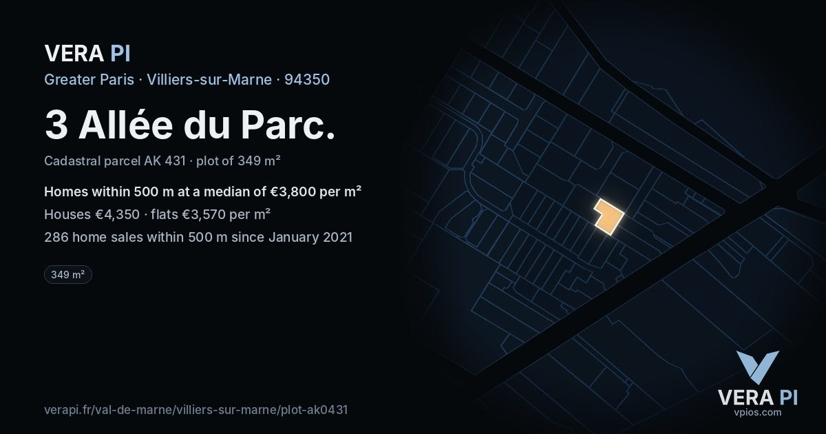 3 Allée du Parc, Villiers-sur-Marne at night – the plot lit, the parcels around coloured by the prices near them