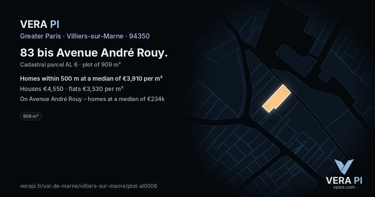 83 bis Avenue André Rouy, Villiers-sur-Marne at night – the plot lit, the parcels around coloured by the prices near them