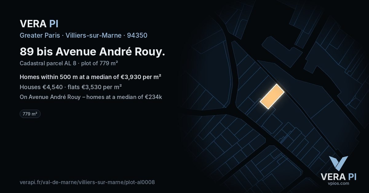 89 bis Avenue André Rouy, Villiers-sur-Marne at night – the plot lit, the parcels around coloured by the prices near them