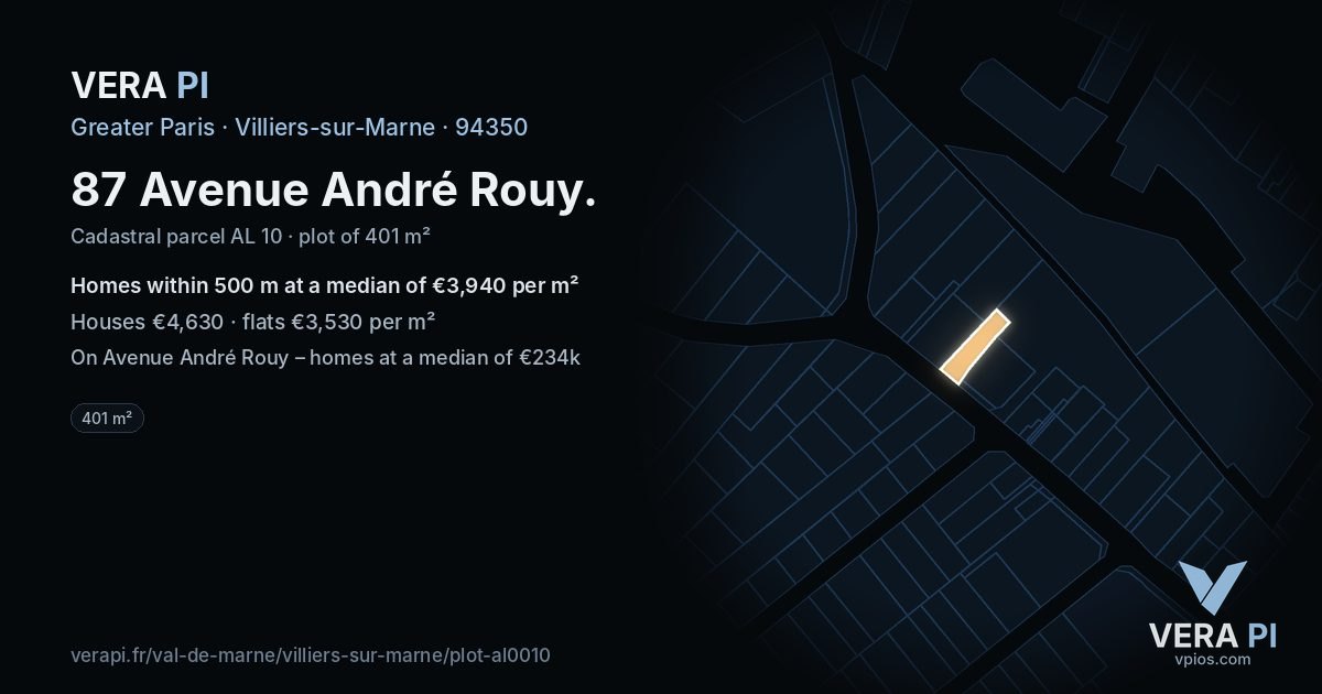 87 Avenue André Rouy, Villiers-sur-Marne at night – the plot lit, the parcels around coloured by the prices near them