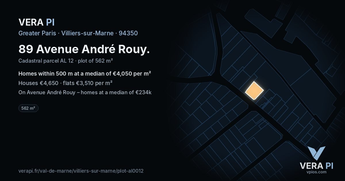 89 Avenue André Rouy, Villiers-sur-Marne at night – the plot lit, the parcels around coloured by the prices near them