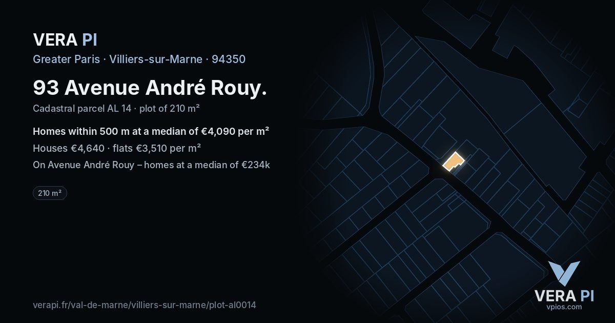 93 Avenue André Rouy, Villiers-sur-Marne at night – the plot lit, the parcels around coloured by the prices near them