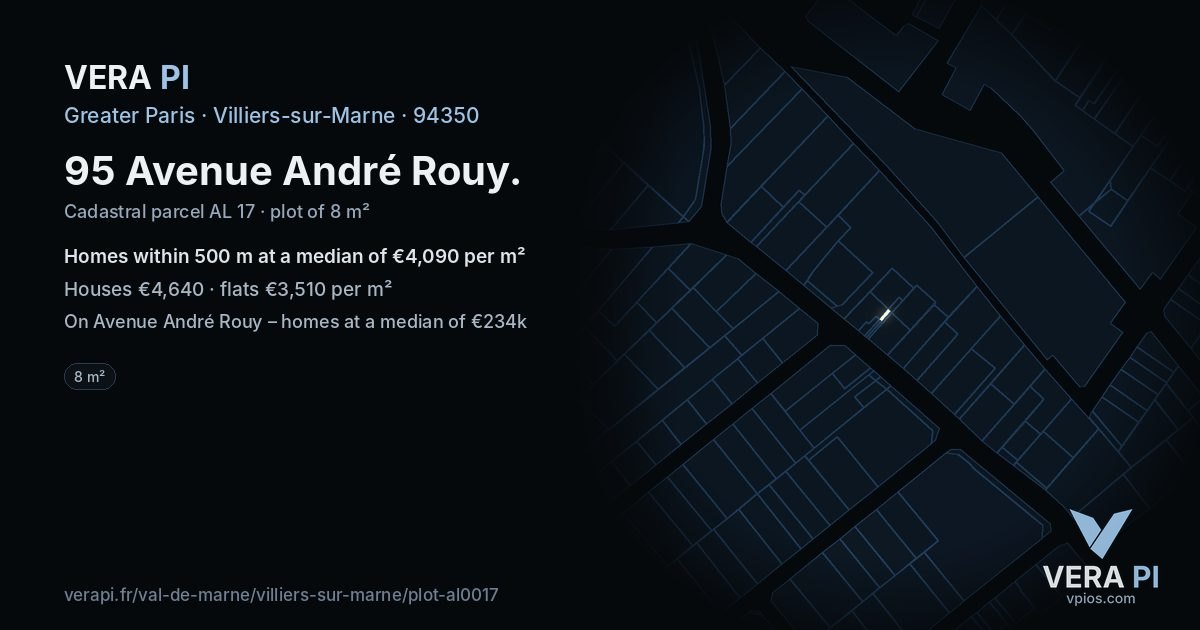 95 Avenue André Rouy, Villiers-sur-Marne at night – the plot lit, the parcels around coloured by the prices near them