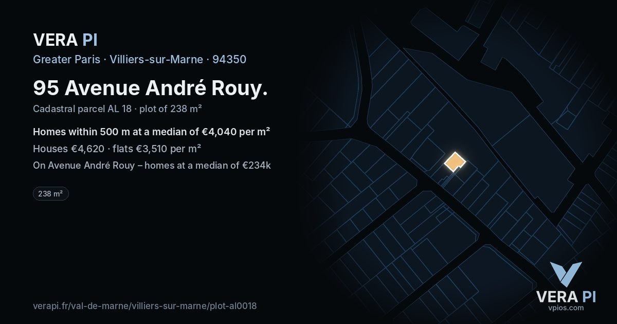 95 Avenue André Rouy, Villiers-sur-Marne at night – the plot lit, the parcels around coloured by the prices near them