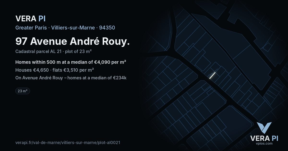 97 Avenue André Rouy, Villiers-sur-Marne at night – the plot lit, the parcels around coloured by the prices near them