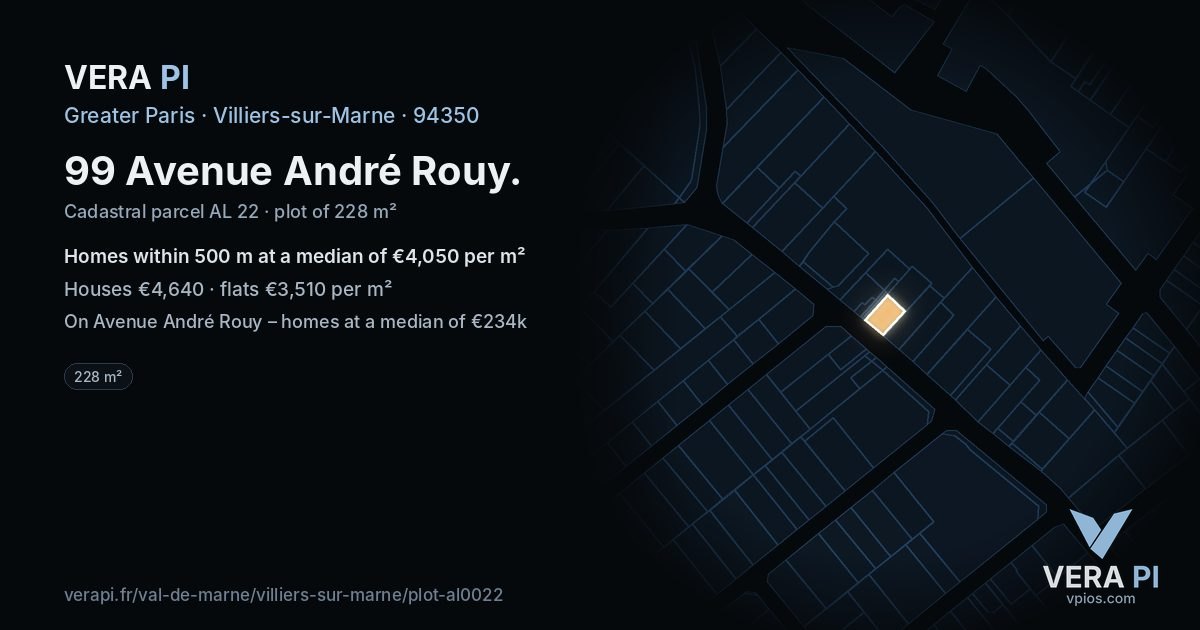 99 Avenue André Rouy, Villiers-sur-Marne at night – the plot lit, the parcels around coloured by the prices near them