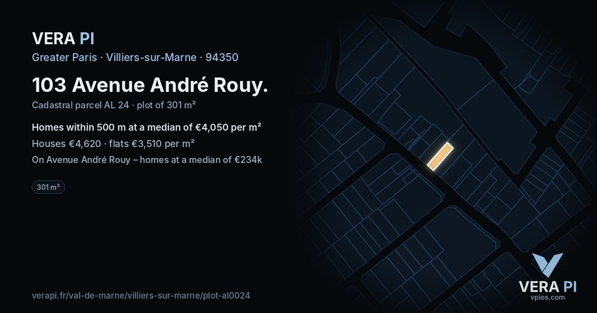 103 Avenue André Rouy, Villiers-sur-Marne at night – the plot lit, the parcels around coloured by the prices near them