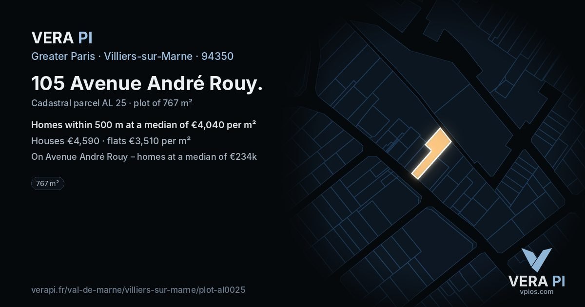 105 Avenue André Rouy, Villiers-sur-Marne at night – the plot lit, the parcels around coloured by the prices near them