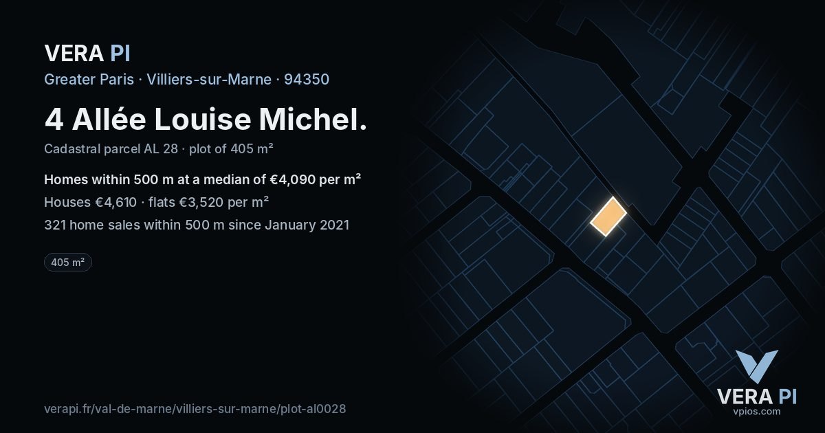 4 Allée Louise Michel, Villiers-sur-Marne at night – the plot lit, the parcels around coloured by the prices near them