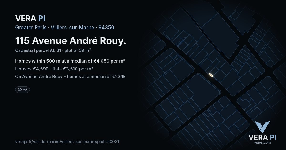 115 Avenue André Rouy, Villiers-sur-Marne at night – the plot lit, the parcels around coloured by the prices near them