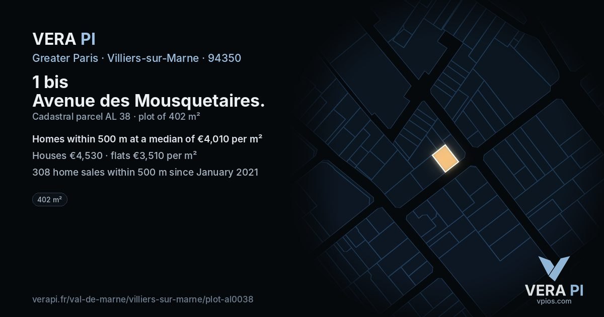 1 bis Avenue des Mousquetaires, Villiers-sur-Marne at night – the plot lit, the parcels around coloured by the prices near them