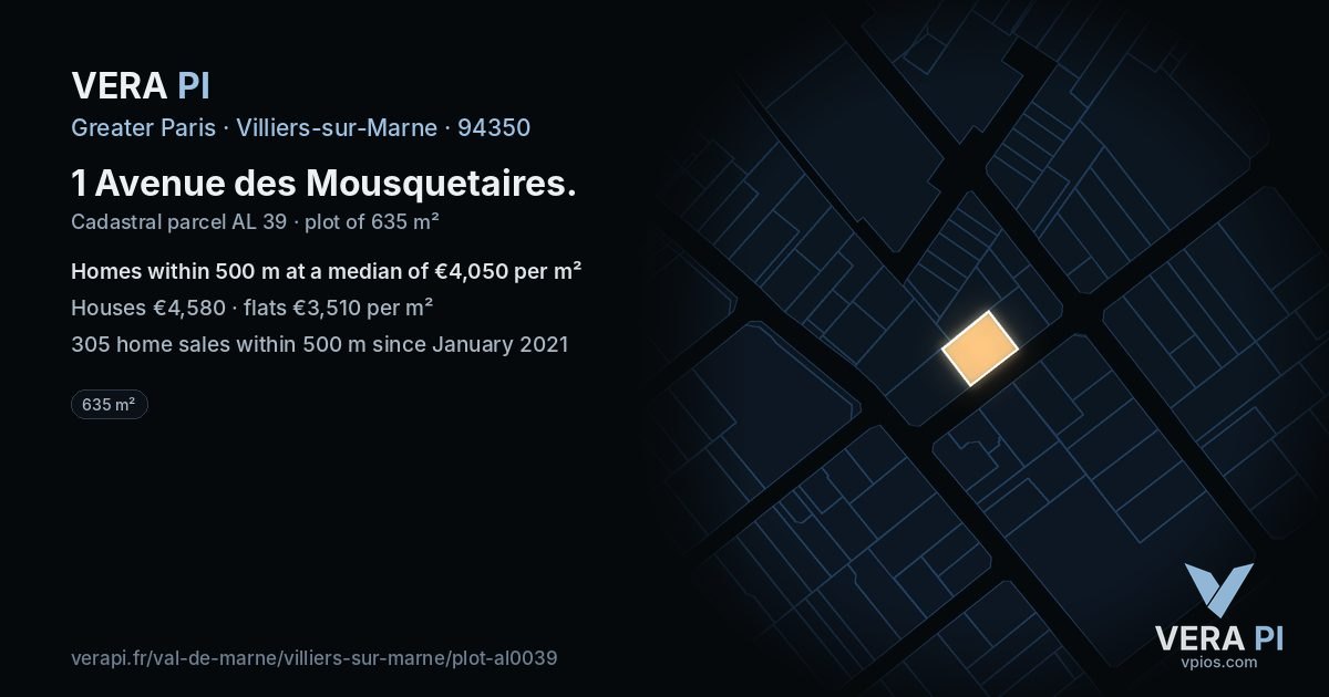 1 Avenue des Mousquetaires, Villiers-sur-Marne at night – the plot lit, the parcels around coloured by the prices near them