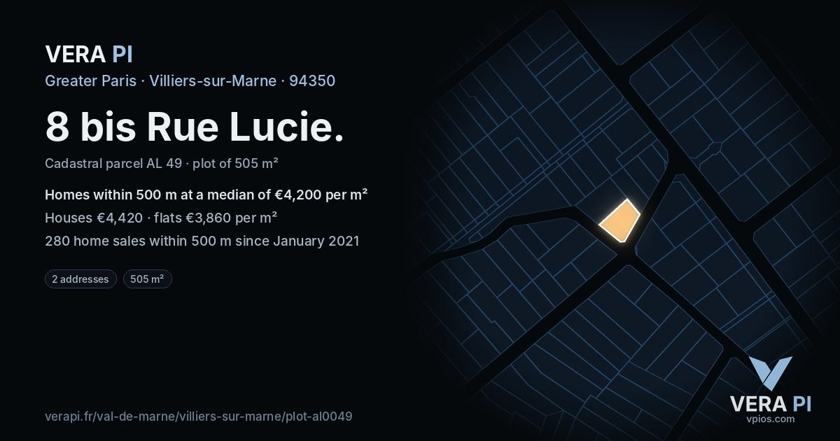 8 bis Rue Lucie, Villiers-sur-Marne at night – the plot lit, the parcels around coloured by the prices near them