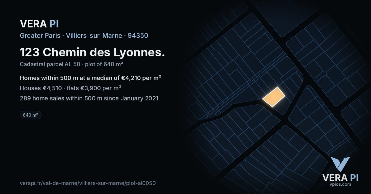 123 Chemin des Lyonnes, Villiers-sur-Marne at night – the plot lit, the parcels around coloured by the prices near them