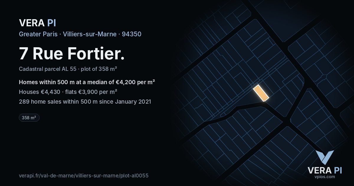7 Rue Fortier, Villiers-sur-Marne at night – the plot lit, the parcels around coloured by the prices near them