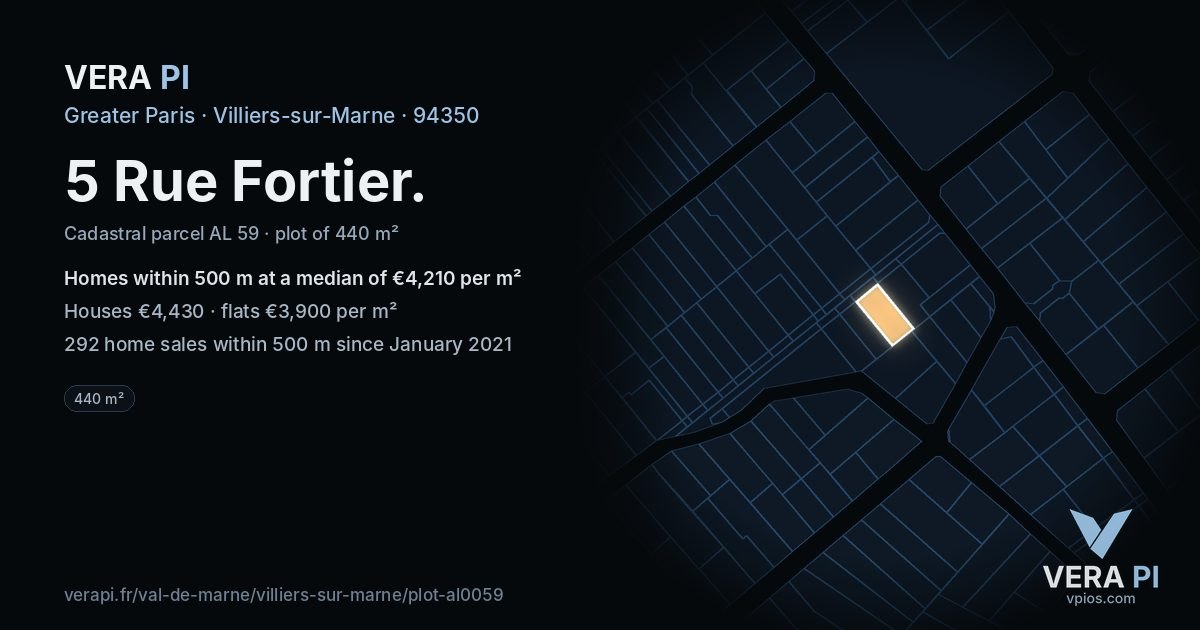 5 Rue Fortier, Villiers-sur-Marne at night – the plot lit, the parcels around coloured by the prices near them