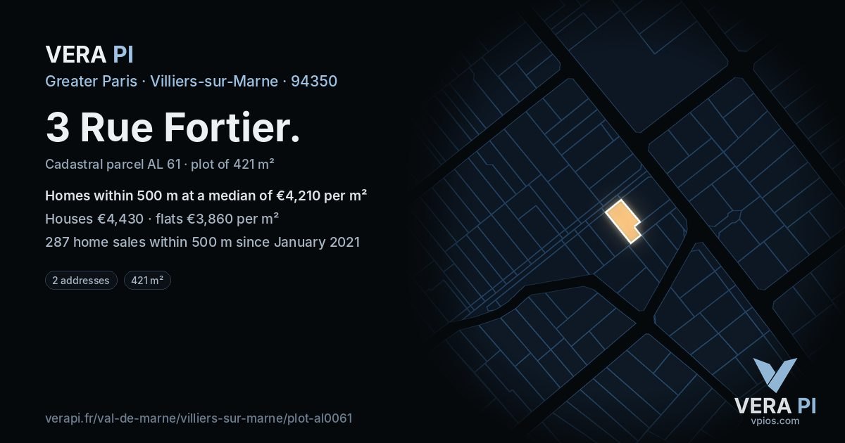 3 Rue Fortier, Villiers-sur-Marne at night – the plot lit, the parcels around coloured by the prices near them