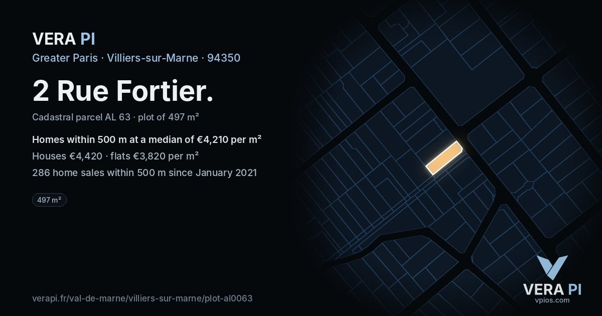 2 Rue Fortier, Villiers-sur-Marne at night – the plot lit, the parcels around coloured by the prices near them