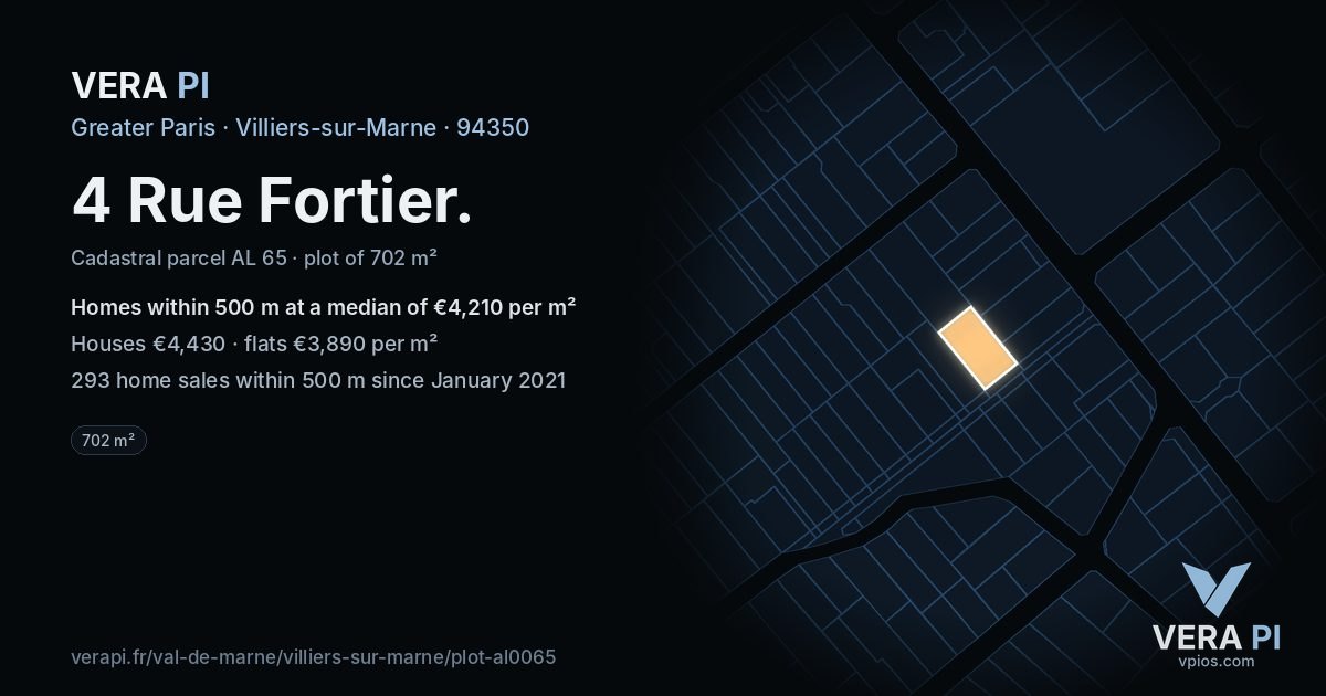 4 Rue Fortier, Villiers-sur-Marne at night – the plot lit, the parcels around coloured by the prices near them