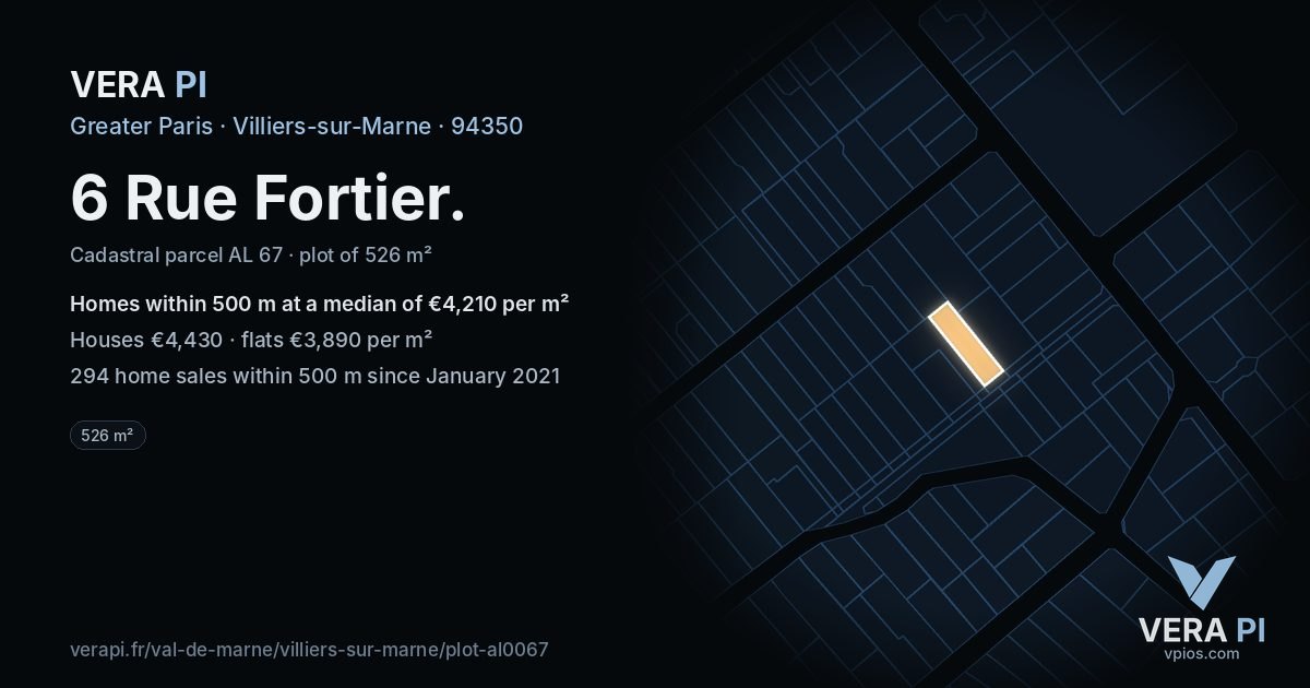 6 Rue Fortier, Villiers-sur-Marne at night – the plot lit, the parcels around coloured by the prices near them