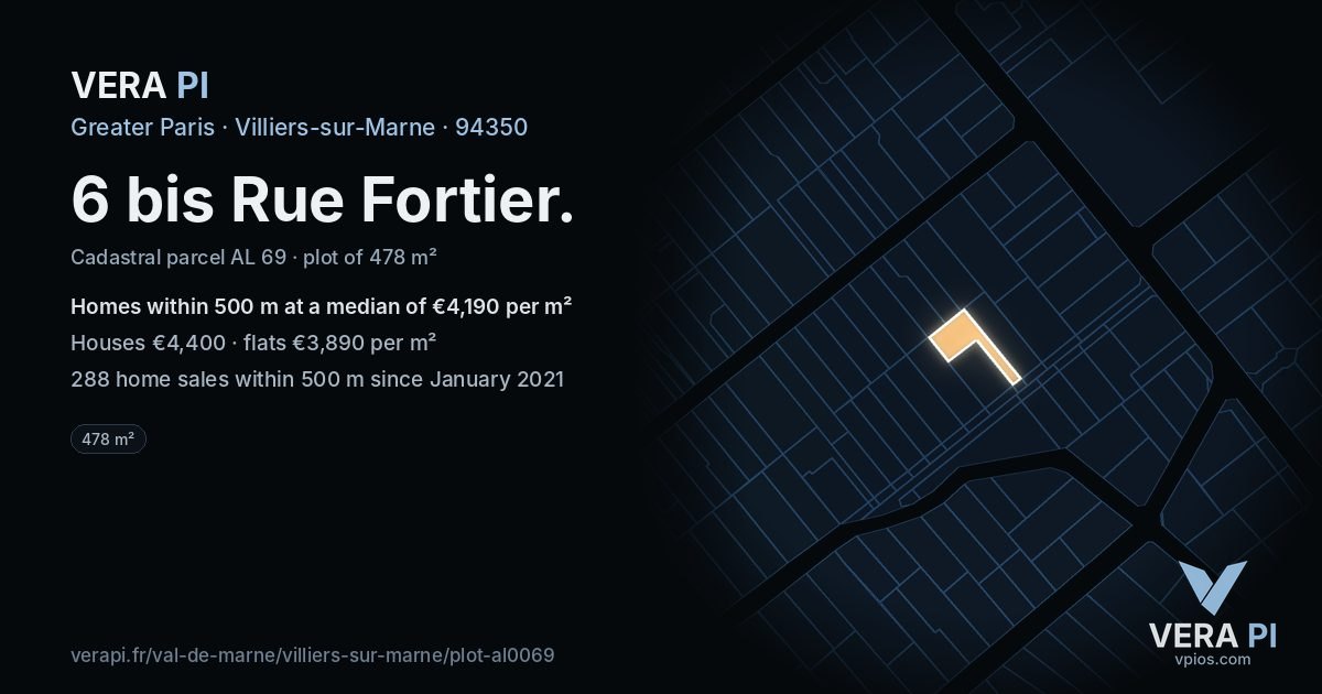 6 bis Rue Fortier, Villiers-sur-Marne at night – the plot lit, the parcels around coloured by the prices near them