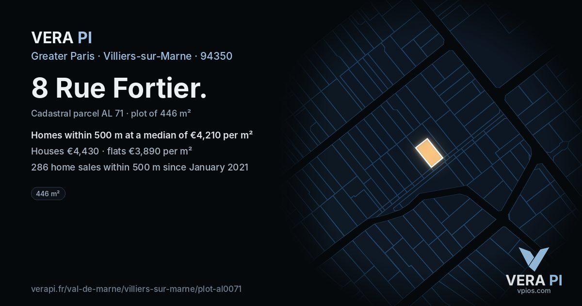 8 Rue Fortier, Villiers-sur-Marne at night – the plot lit, the parcels around coloured by the prices near them