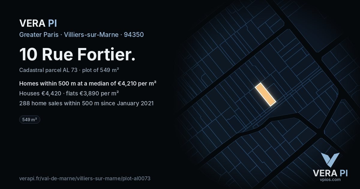 10 Rue Fortier, Villiers-sur-Marne at night – the plot lit, the parcels around coloured by the prices near them