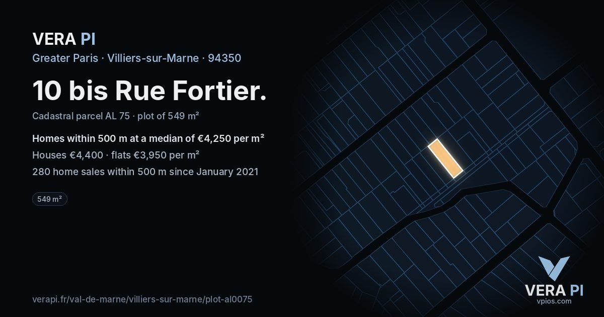 10 bis Rue Fortier, Villiers-sur-Marne at night – the plot lit, the parcels around coloured by the prices near them