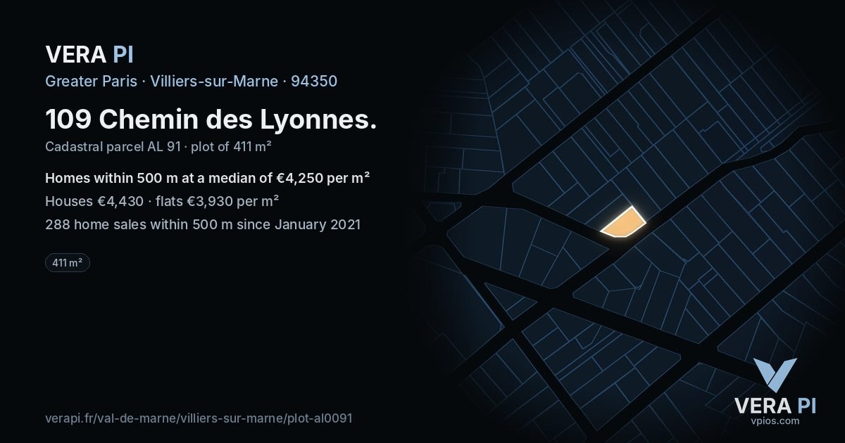 109 Chemin des Lyonnes, Villiers-sur-Marne at night – the plot lit, the parcels around coloured by the prices near them