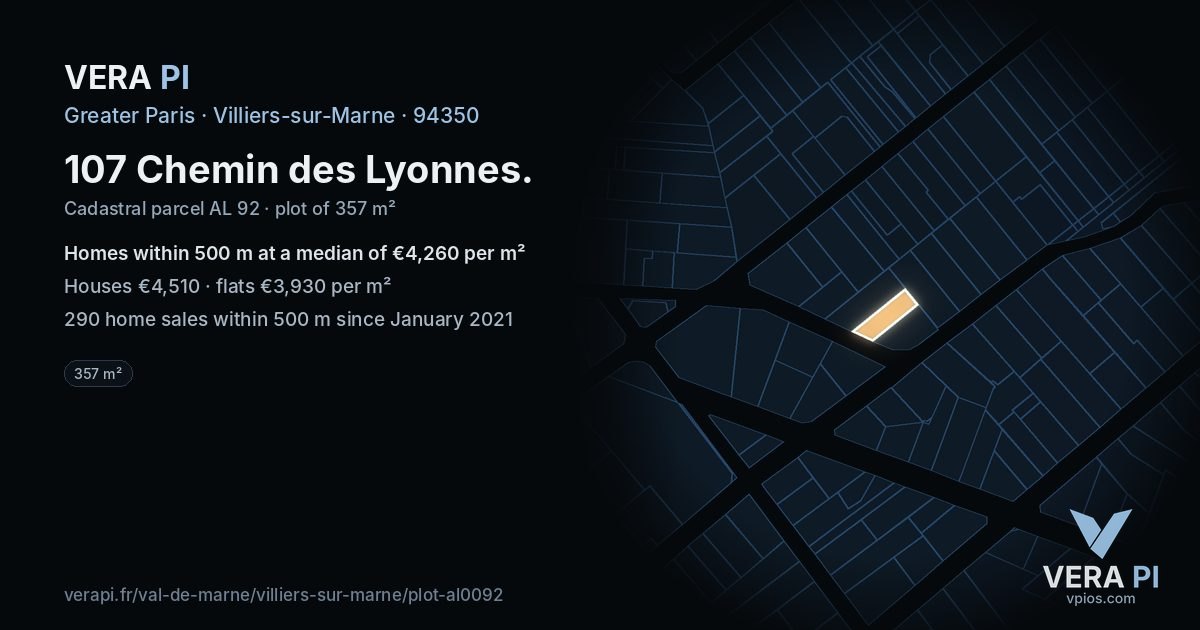 107 Chemin des Lyonnes, Villiers-sur-Marne at night – the plot lit, the parcels around coloured by the prices near them