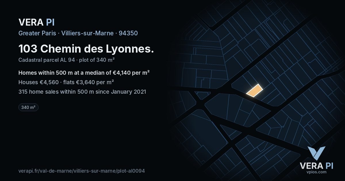 103 Chemin des Lyonnes, Villiers-sur-Marne at night – the plot lit, the parcels around coloured by the prices near them