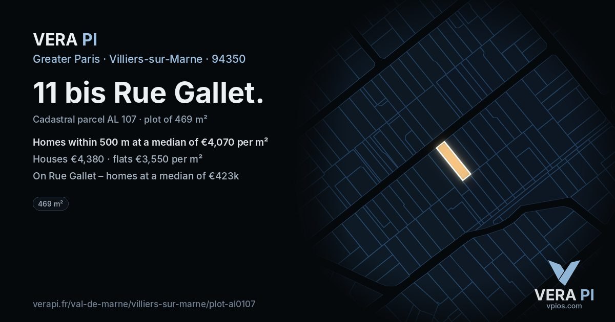 11 bis Rue Gallet, Villiers-sur-Marne at night – the plot lit, the parcels around coloured by the prices near them