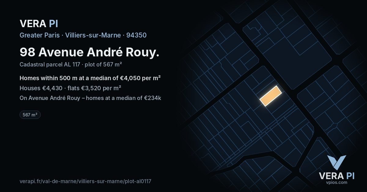 98 Avenue André Rouy, Villiers-sur-Marne at night – the plot lit, the parcels around coloured by the prices near them